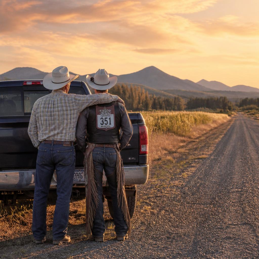 A father and his adult son beside a pickup truck on a quiet road at sunset